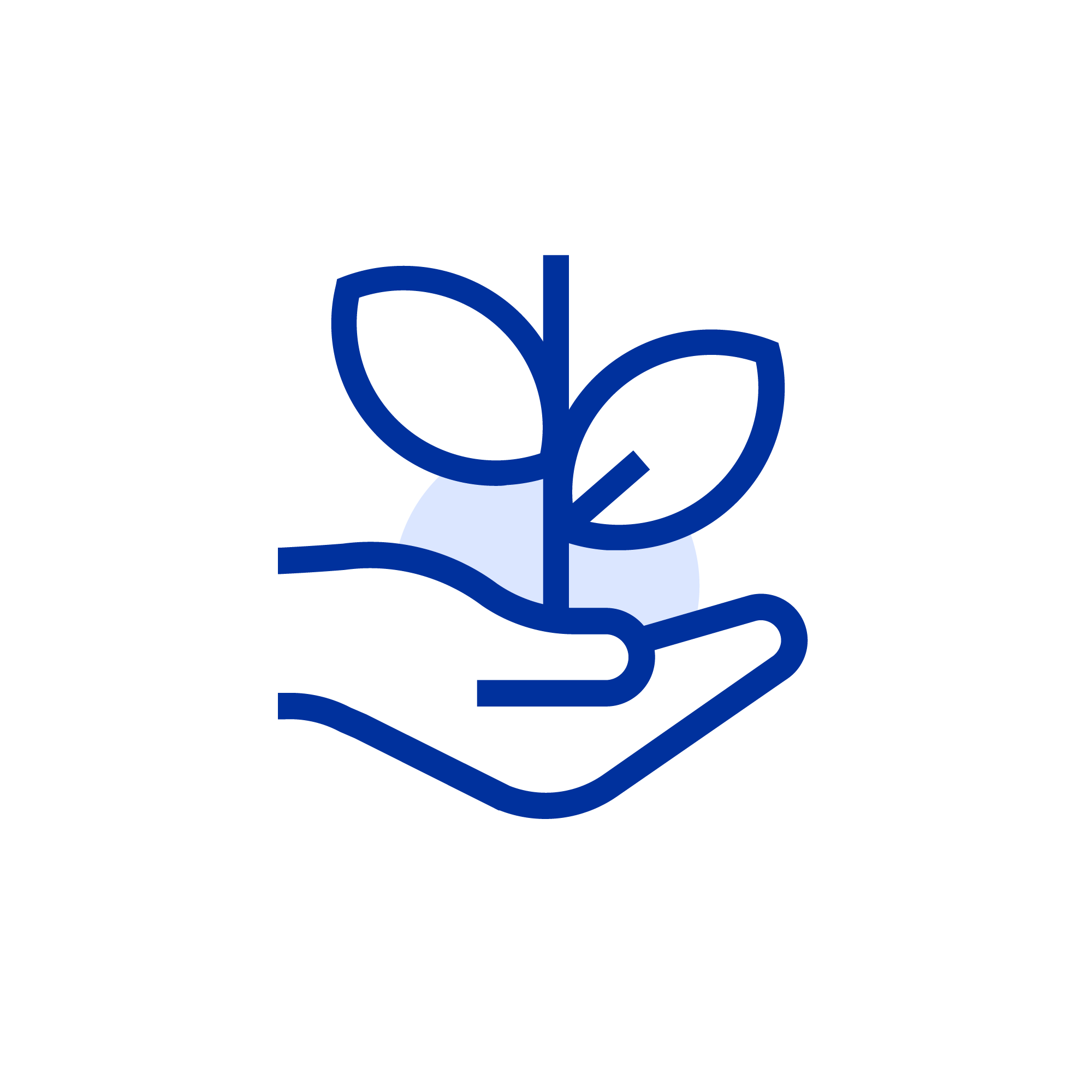 Blue icon of a hand holding two leaves on a white background