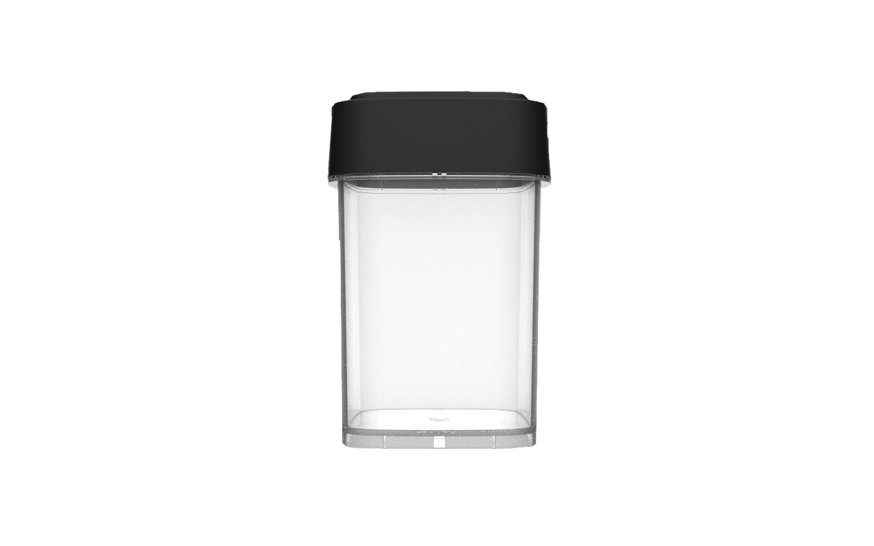 Calyx Containers Clear 145D Dram for cannabis packaging with black lid.