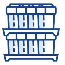 Blue outline Calyx Drams and trays inventory management on a white background