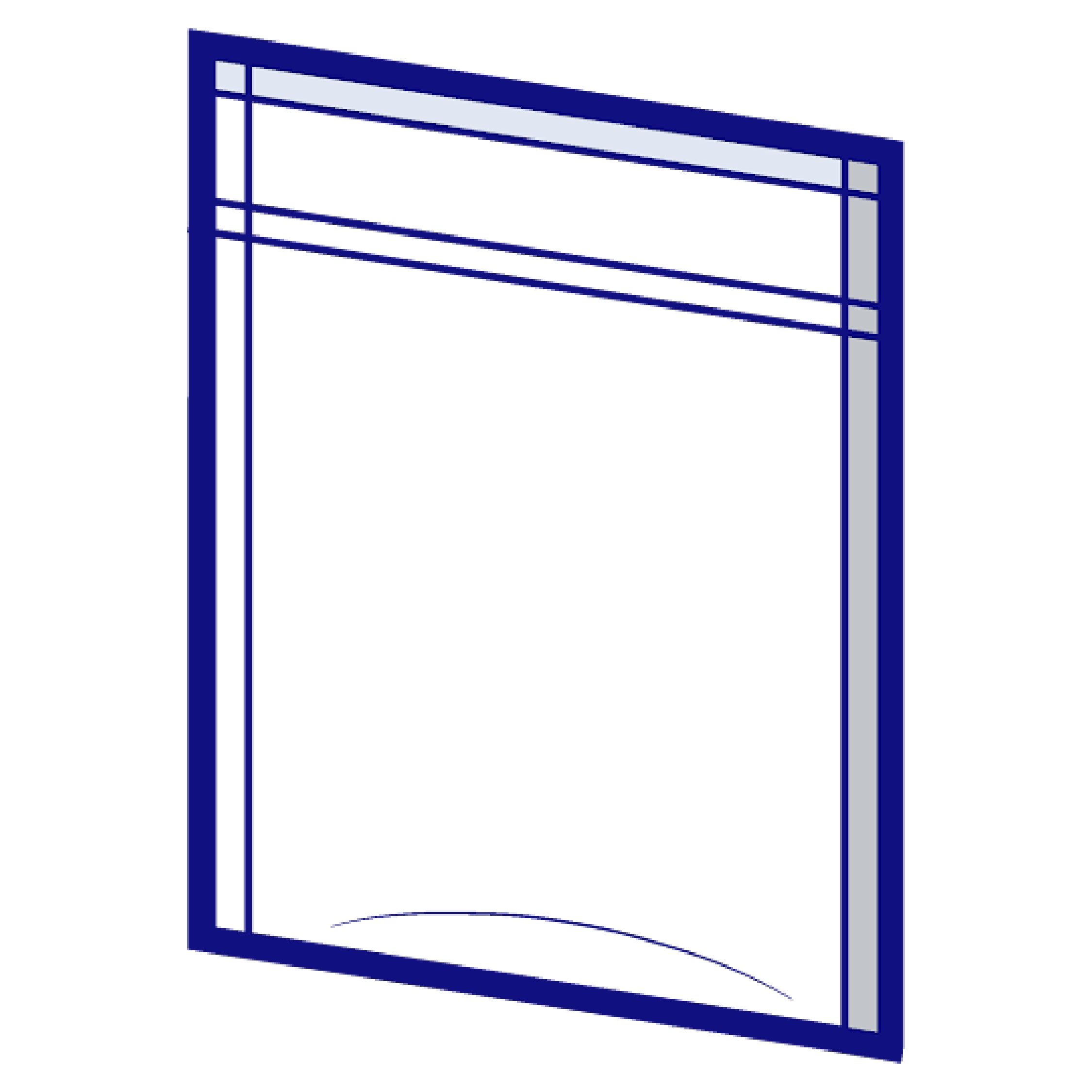 Outline of a flexible cannabis packaging bag with no gusset, with blue border on a white background
