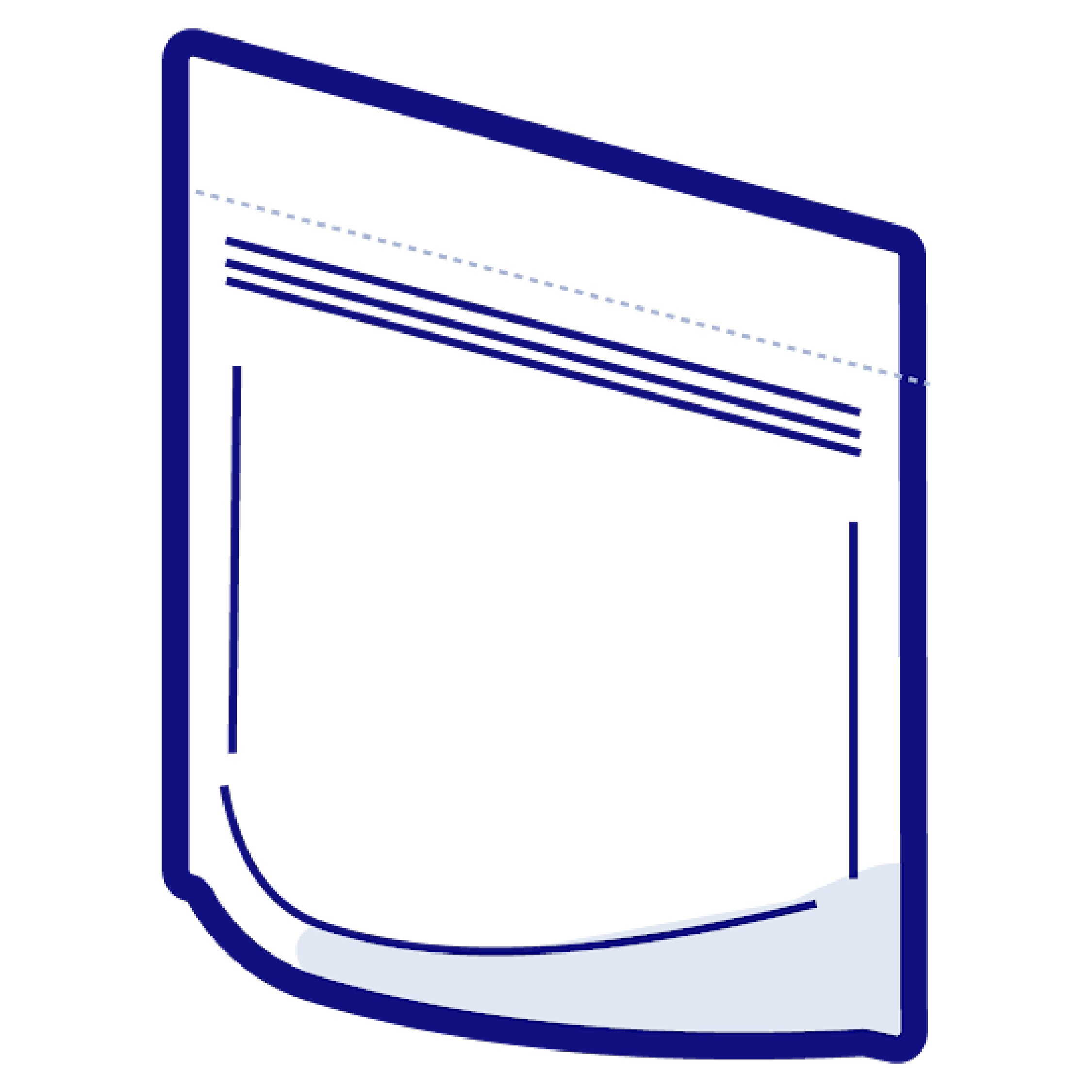Outline of a cannabis packaging bag with a gusset with a blue border on a white background