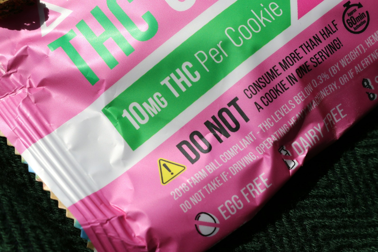 THC cookie packaging warning label close-up