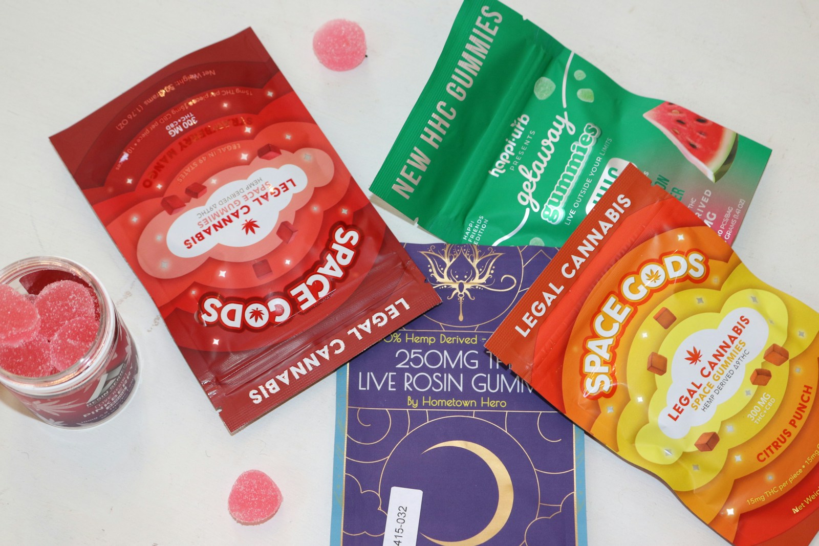 Assorted cannabis-infused gummies packaging display