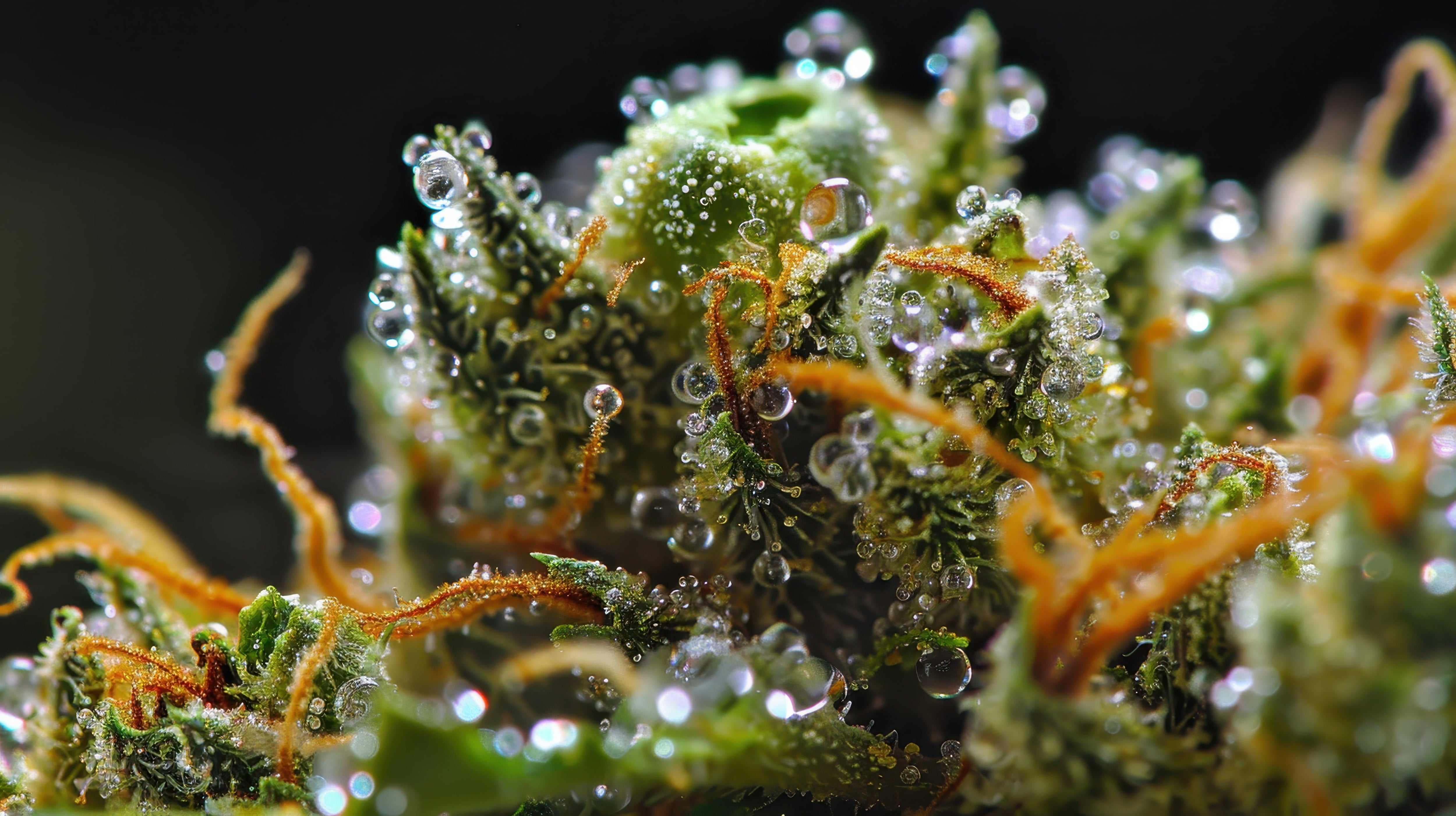 Close-up of a cannabis bud and its trichomes.