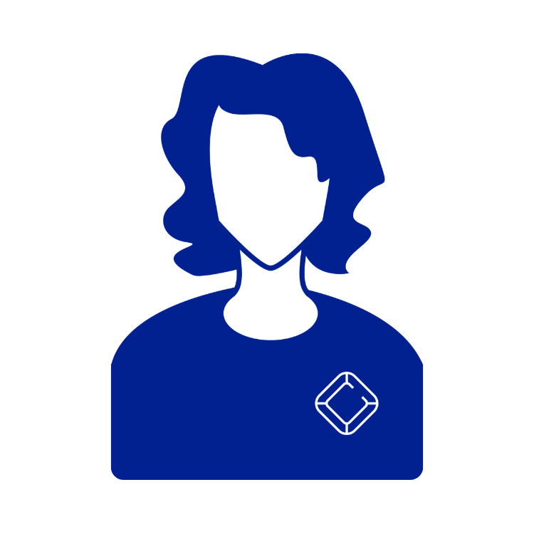 Blue icon of a person with a diamond on a white background