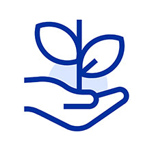 Blue icon of a hand holding a leaf on a white background