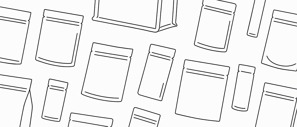 Pattern of black outline packaging containers on a white background