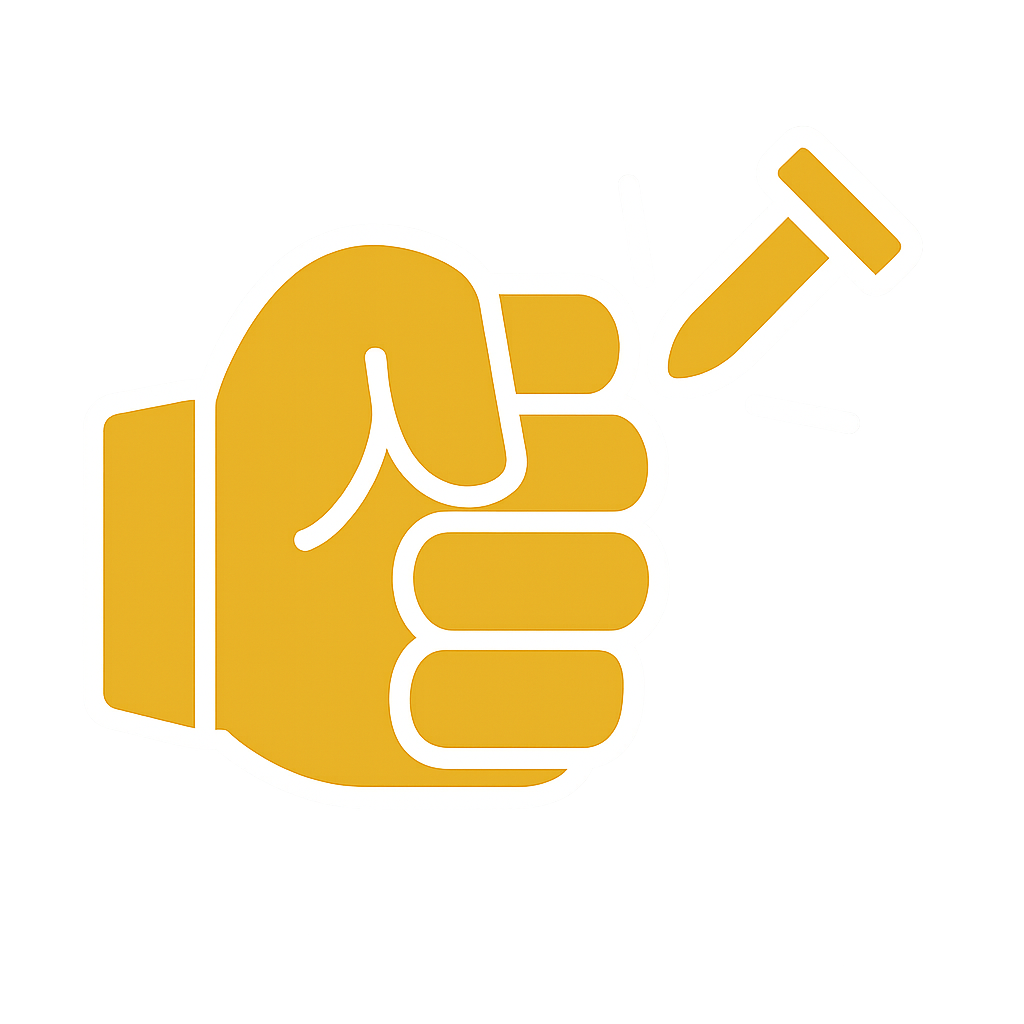 Yellow icon of a fist with a hammer on a white background