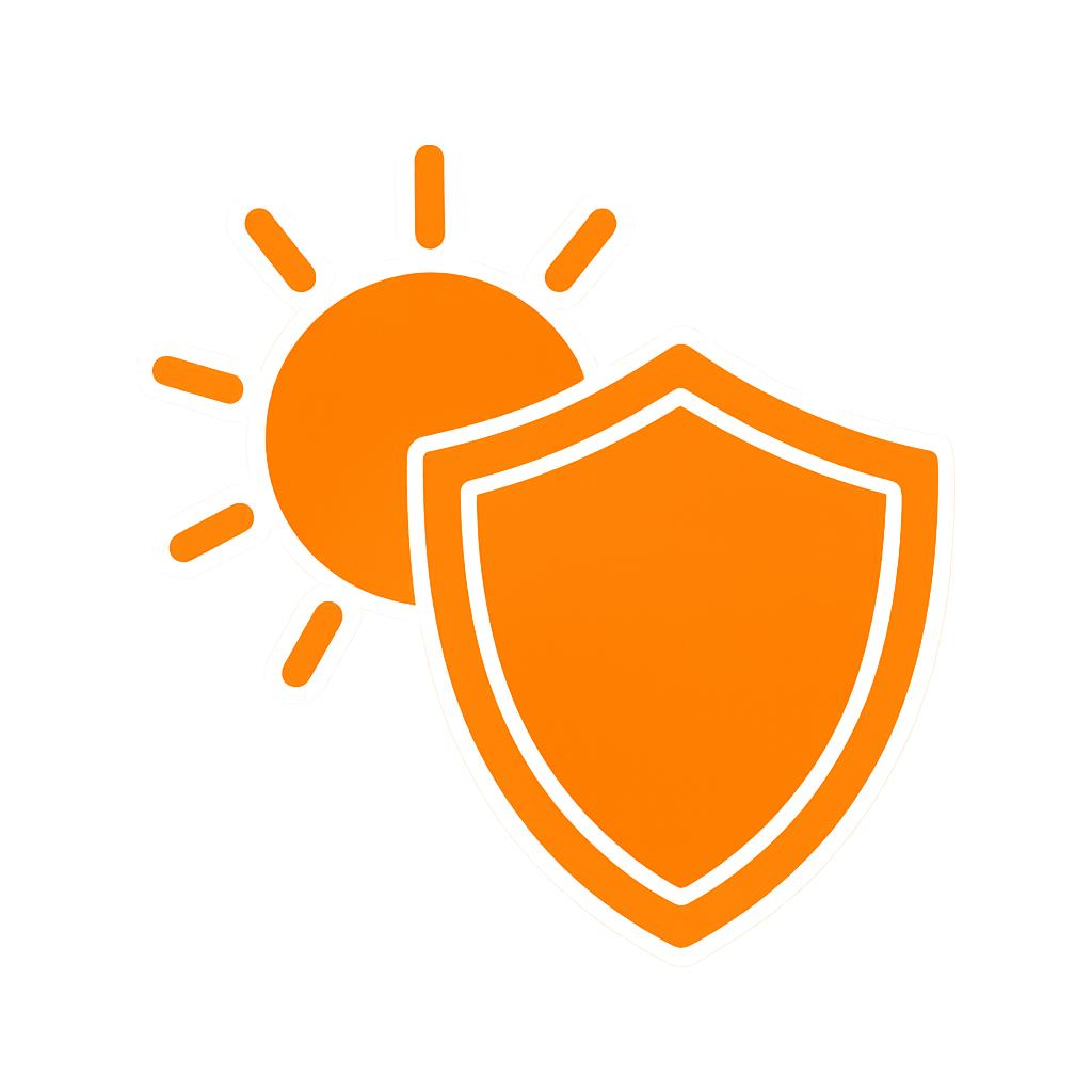 Orange sun and shield icon on a white background