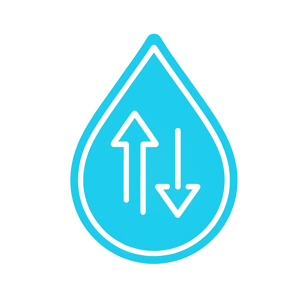 Blue water droplet icon with arrows inside on a white background