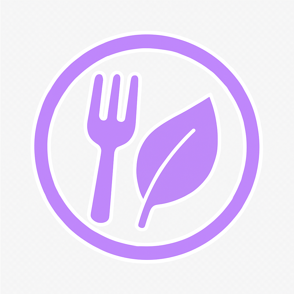 Purple icon of a fork and leaf inside a circle on a light purple background
