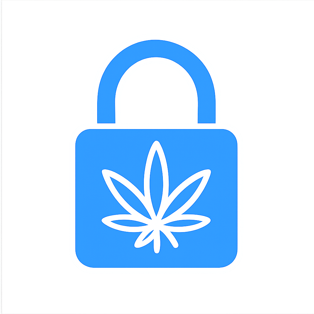 Blue lock icon with a white cannabis leaf on a white background