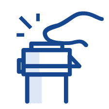 Blue icon of a Calyx Dram being closed on a white background