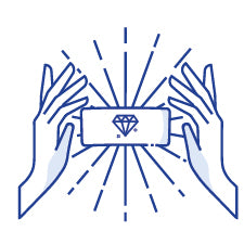 Outline of hands holding a custom cannabis label with a diamond on the label against a white background