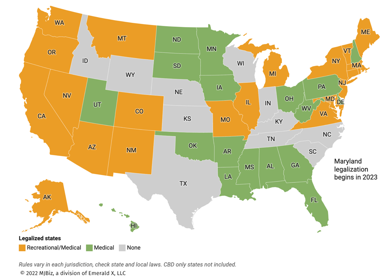 A map of the United States showing cannabis legalization and medical laws by state