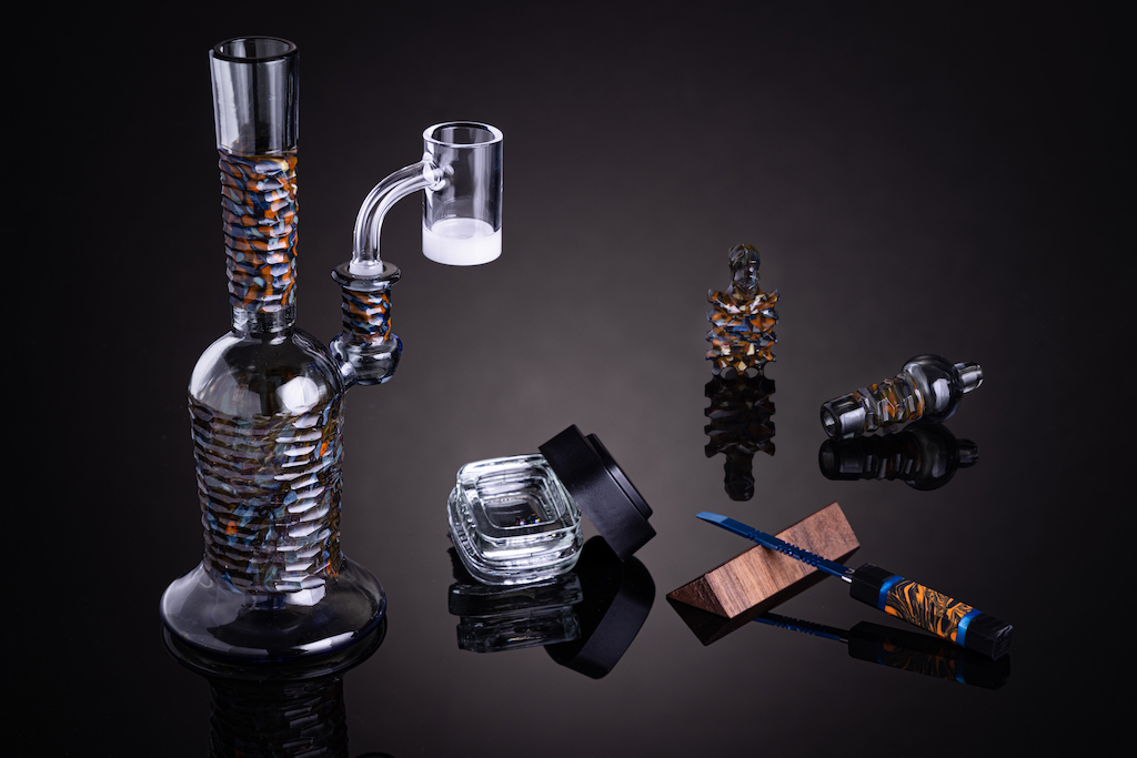 Vela G & Wooking Collab Artifact #1 dab rig, cap, nail, dabber, and concentrate container