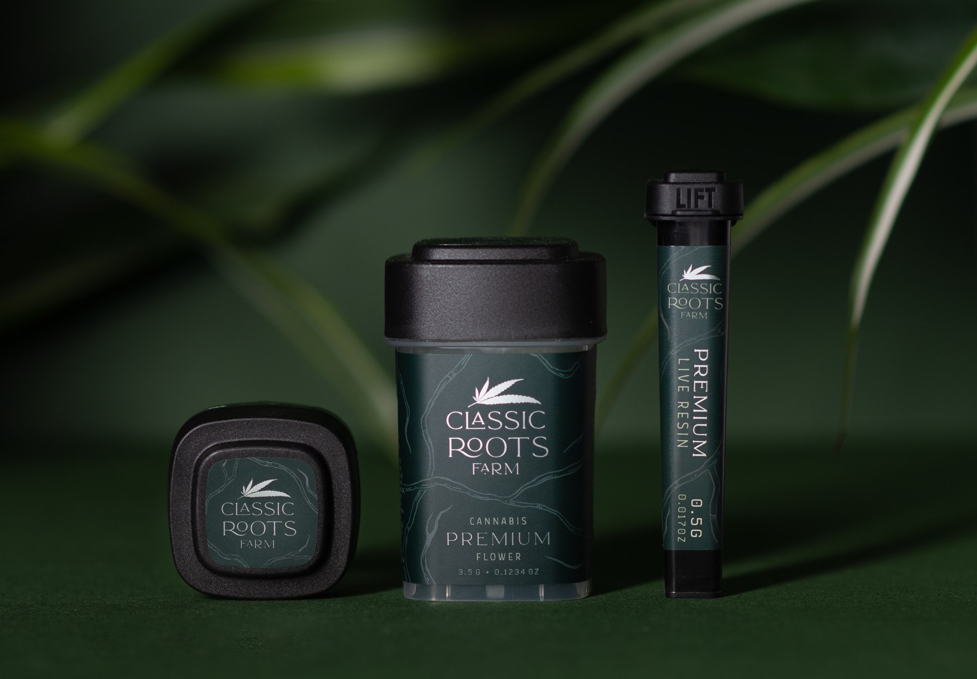 Calyx dram, concentrate container, and pre-roll tube with Classic Roots farm branding