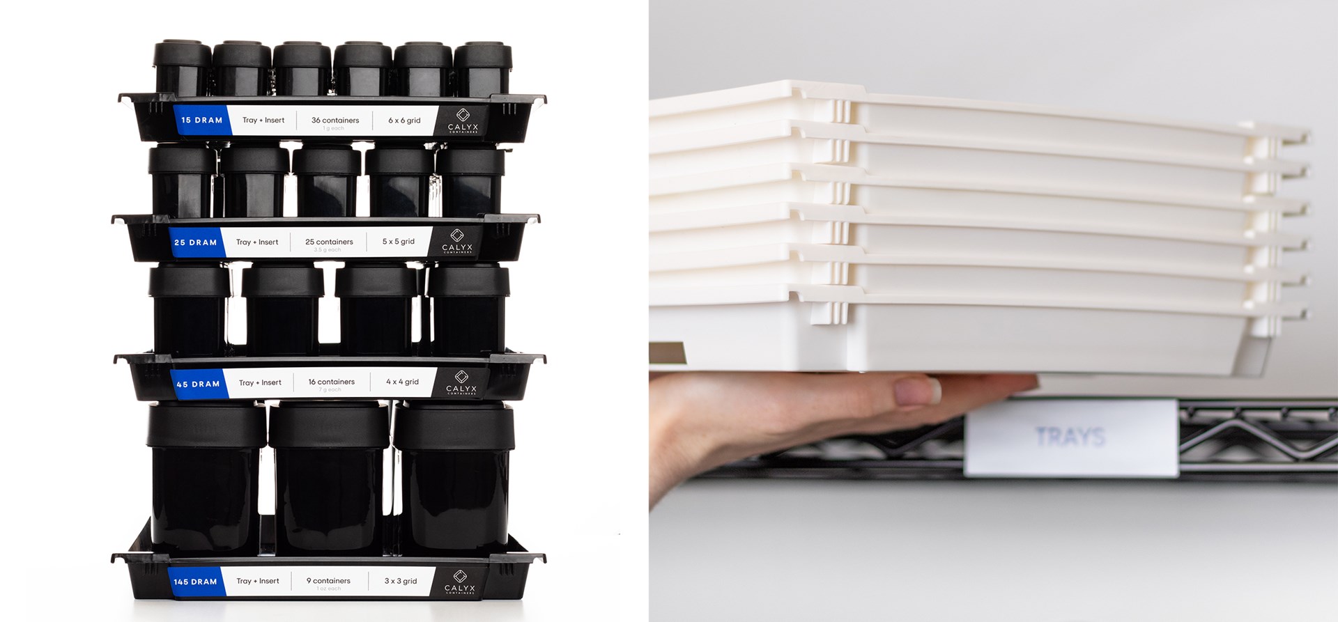 Calyx drams of various sizes organized in Calyx inserts and trays