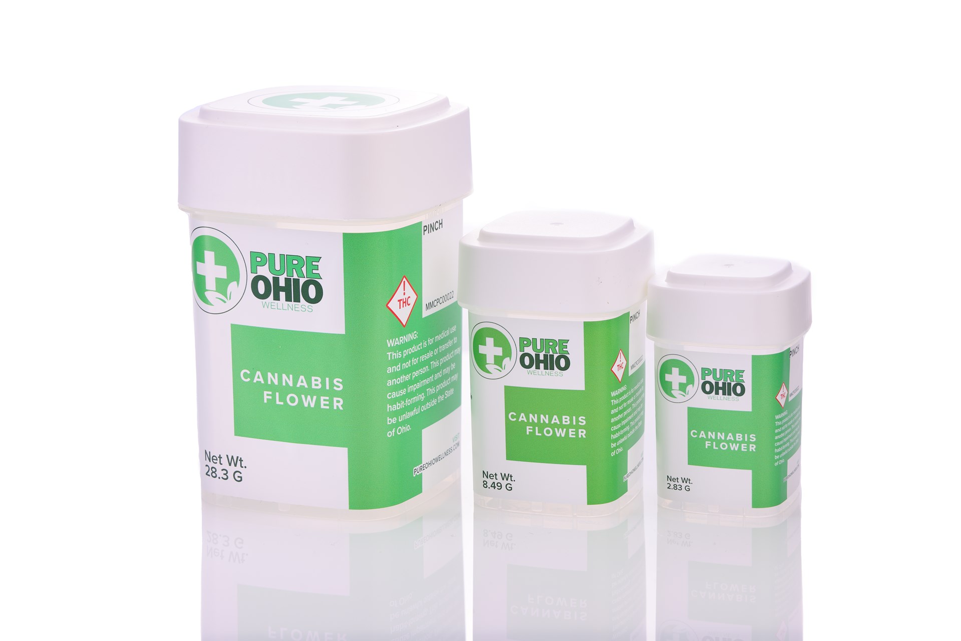 Line up of different sized Calyx drams with Pure Ohio Wellness branding